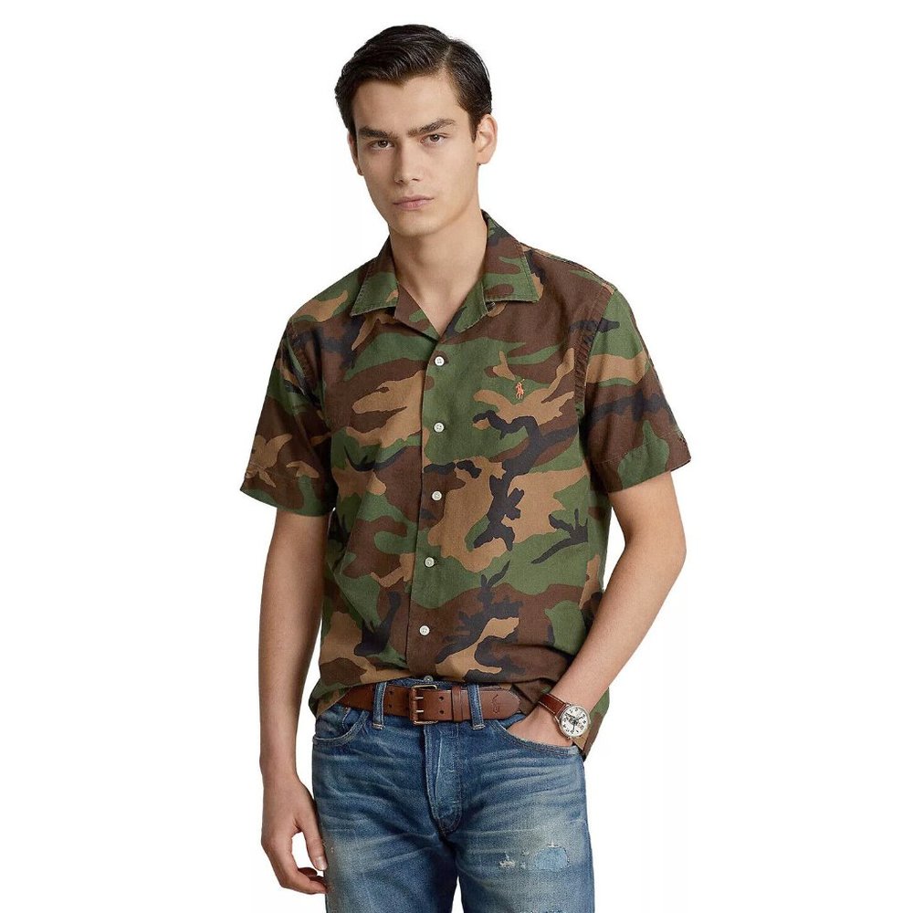 New $115 Polo Ralph Lauren Camo Camp Shirt! Sm  Classic Fit  Orange Polo Player
